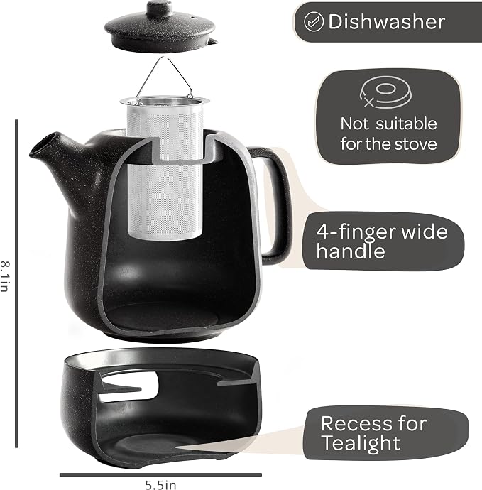 Design Tea Pot with Warmer (44 oz) - Premium Ceramic Teapot with Infuser for Loose Tea - Black Teapot Ceramic with Removable Steamer