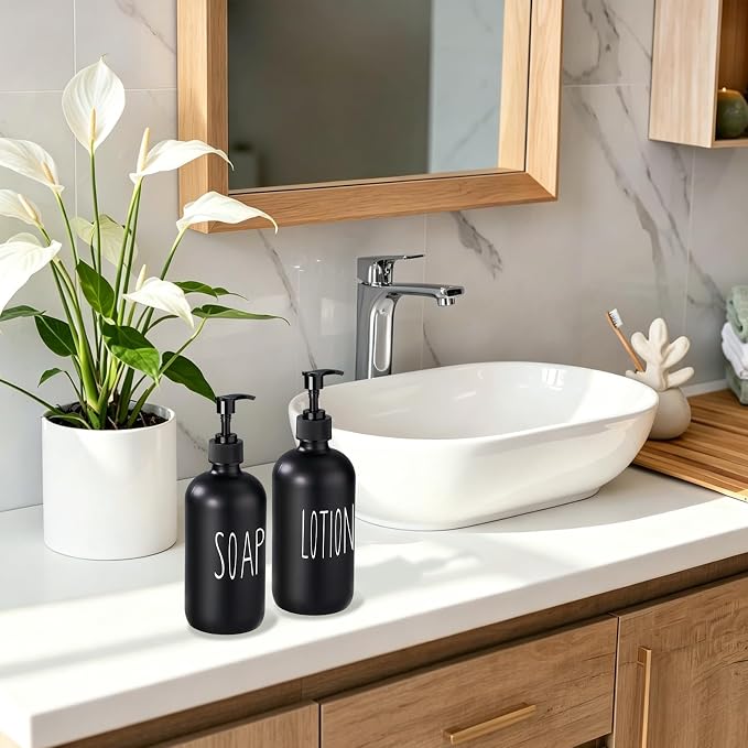 COHOSEGE Glass Soap Dispenser Set 2 Pack,16 Oz Hand Soap Dispenser for Bathroom,Black Kitchen Accessories and Bathroom Decor,Soap and Lotion Dispenser Set for Bathroom