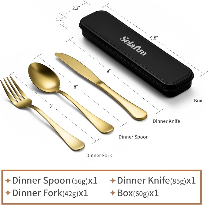 4-pieces Travel Set with Case Portable Silverware Utensils Set for work, Stainless Steel Reusable Flatware Set Cutlery Set for Camping Picnic Hiking Office (8inch, Matte Gold)