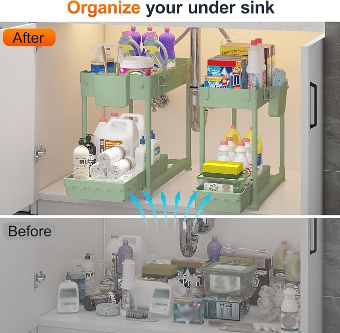 4-Pack 2-Tier Under Sink Organizer with Pull Out Drawers | Multi-use kitchen & bathroom storage. Includes hanging hooks and cups. Green, space-saving cabinet design. 12.8 Inch