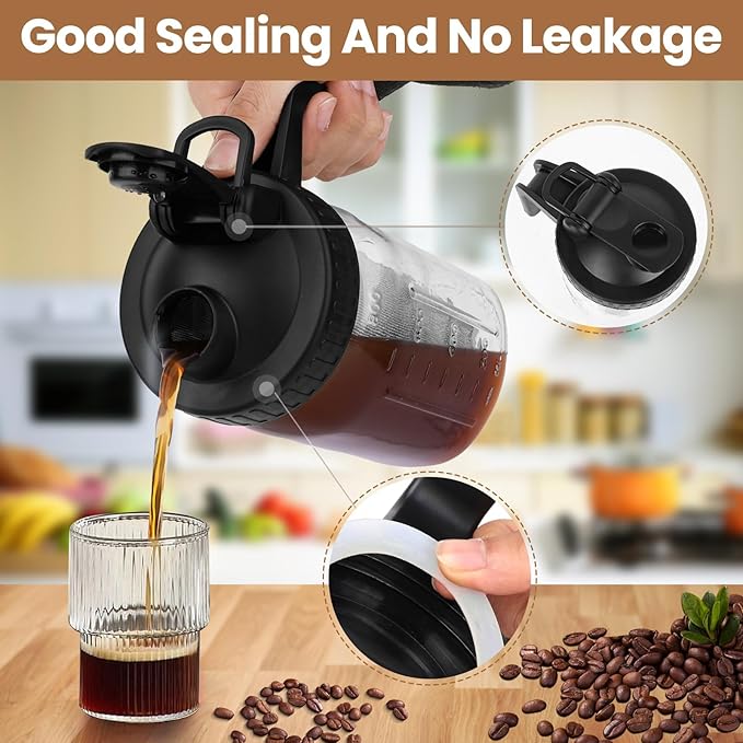 Cold Brew Coffee Maker, 32 oz Mason Jar Pitcher with Stainless Steel Filter, Pour Spout Handle Lid, Heavy Duty Glass Airtight & Leak-Proof for Iced Coffee,Tea & Lemonade