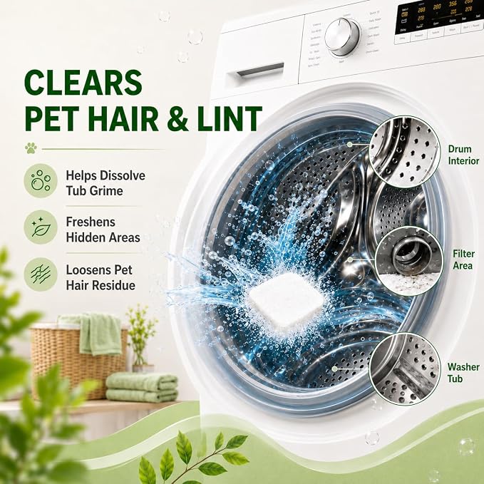 ORIENTLEAF Washing Machine Cleaner for Pet Owners, 24 Tablets 1 Year Supply | Fragrance-free enzyme washer tablets for pet homes; help clean washer residue, less plastic and easy to store