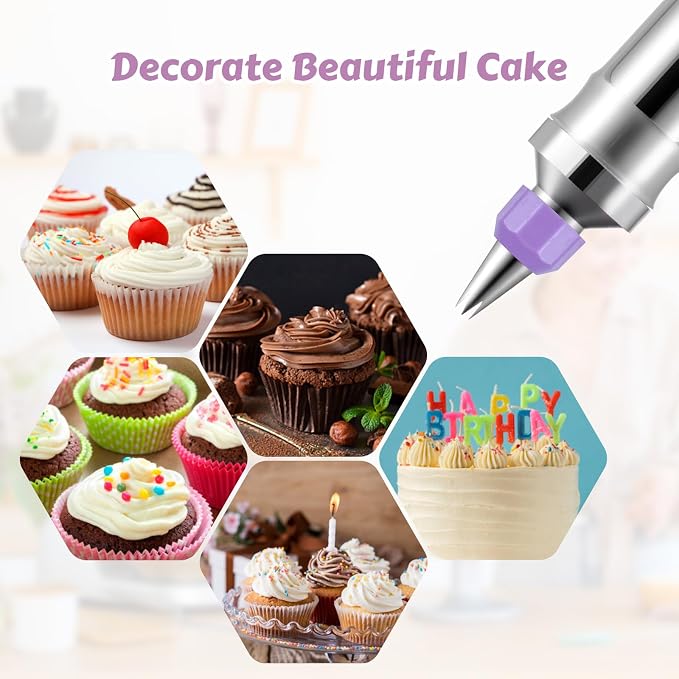 Dessert Decorating Syringe Set, Stainless Steel Frosting & Icing Piping Kit with 6 Tips and 9 Silicone Cupcakes,3 Cream Scraper for Cake Decorating Tools Cupcake Decorating Kit (Purple)