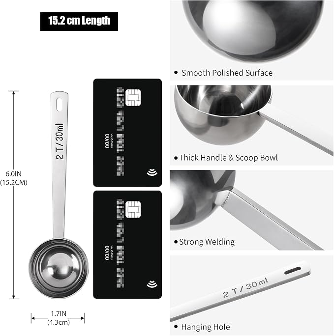 Doosu Metal 4.3in Long Handle Coffee Scoop for Ground Coffee (2 Tbsp) | Food-Grade 18/8 Stainless Steel Measuring Spoon, Tablespoon Scooper for Coffee Beans, Espresso, Protein Powders, Tea, Sugar