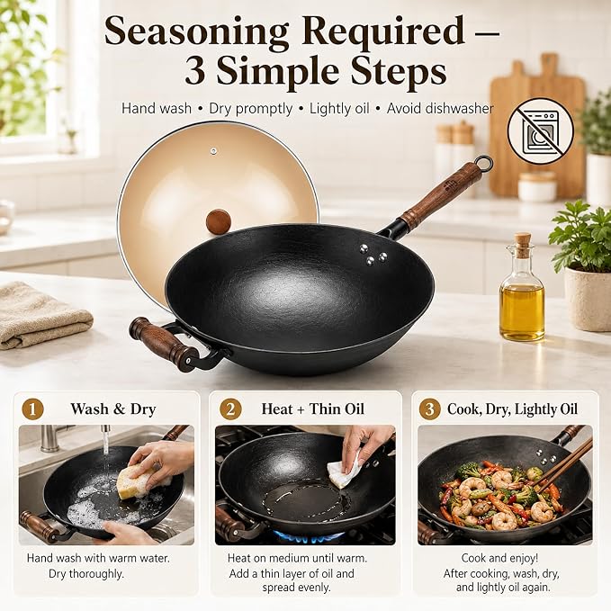 WANGYUANJI 12.6 Inch Round Bottom Cast Iron Wok with Glass Lid, Chinese Stir Fry Pan for Gas Stove & Open Flame, Uncoated Clay-Mold Texture, Wok Ring Required, Seasoning Needed