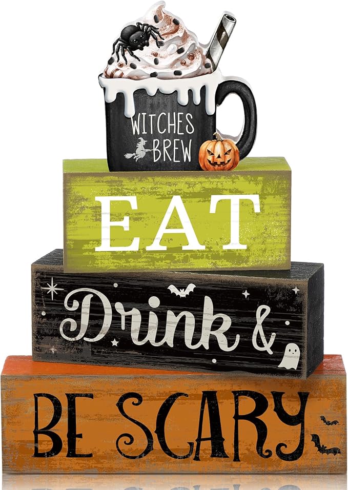 Lineshading 4 Pcs Halloween Wooden Block Signs, Eat Drink Be Scary Decor | Stackable Tiered Tray Decor for Farmhouse Table, Witches Brew Mug Topper, Rustic Wood Signs for Coffee Bar or Mantel