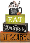 Lineshading 4 Pcs Halloween Wooden Block Signs, Eat Drink Be Scary Decor | Stackable Tiered Tray Decor for Farmhouse Table, Witches Brew Mug Topper, Rustic Wood Signs for Coffee Bar or Mantel
