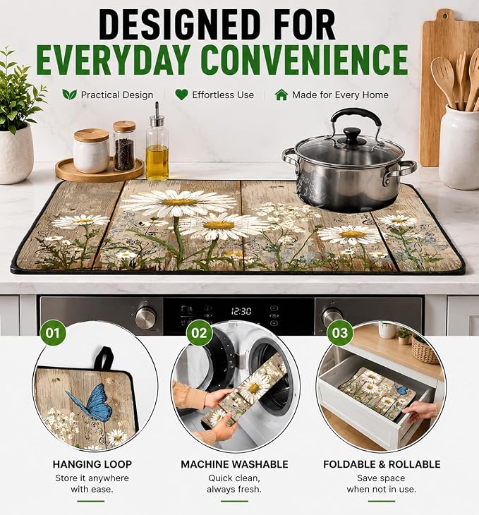 Electric Stove Top Cover for Glass Top, Daisy Butterfly Floral – Heat Resistant Flat Stove Top Covers, Decorative Scratch Protector Mat for Glass Ceramic Cooktop, Non-Slip, 28"x20"