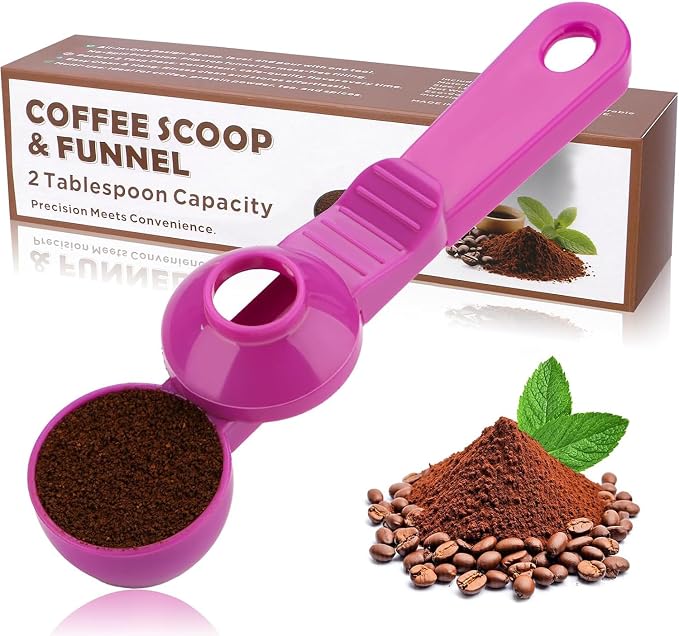 2-in-1 Coffee Scoop with Funnel, 2 Tbsp Measuring Spoon for Reusable K Cups, Ground Coffee, Protein Powder & Tea, Mess-Free Plastic Design（Rose Red-1pack）