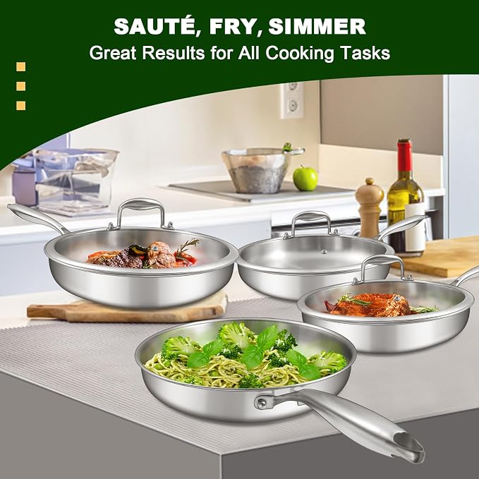 EWFEN 12 Inch Tri-Ply Stainless Steel Frying Pan, Compatible with All Cooktops Up to 600℉, Large Frying Pan with lids, Induction-Ready Skillet, Dishwasher and Oven Safe, Even Heat, 12" Skillet + Lid