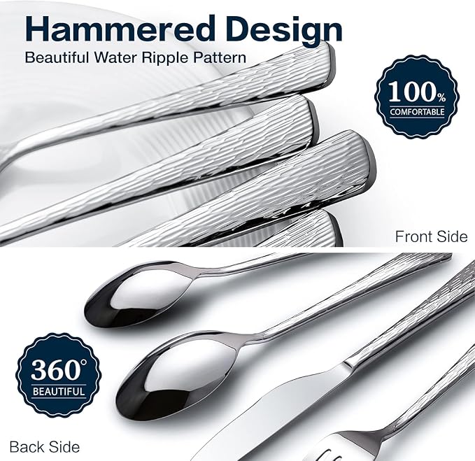 Silverware Set with Serving Utensils, 45 Piece Flatware Set, 18/10 Steel | Hammered Ripple Handles, Serving Utensils, 18/10 Steel, Dishwasher Safe, Rust Resistant, Gift Box, for Weddings & Parties