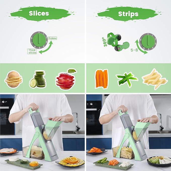 Upgrade Safe Mandoline Slicer for Kitchen, SupMaKin Bigger Entrance Vegetable Food Slice Potato Slicer Chopper, Adjustable Thickness Multi Mandolin, Julienne + Dicer Kitchen Must Haves Green | 0.1-8mm, Cut Resistant Stainless Steel Blades,Potato Fry Cu...