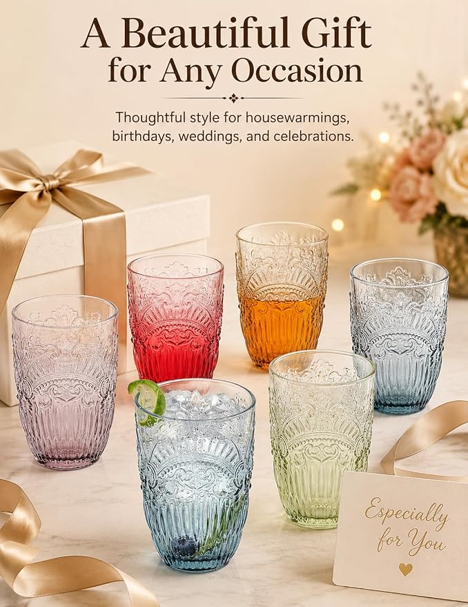 13 OZ 6 Pack Vintage Drinking Glasses Set, Colorful Textured Glass Water Tumblers Cups -Embossed Striped Glassware for Water, Cocktails, Juice, Iced Coffee, Beer(Imperial Arch style)