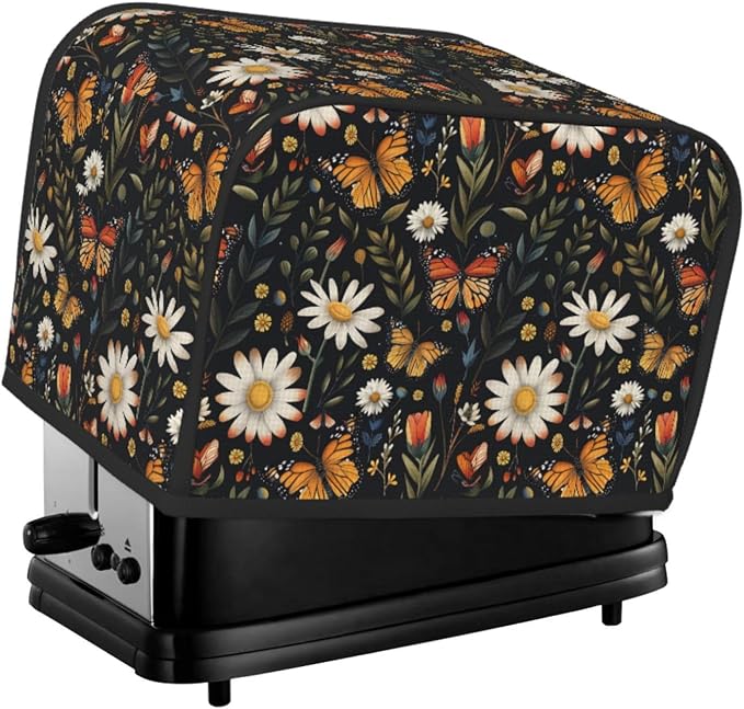 2 Slice Toaster Cover Vintage Butterfly Daisy Leaf Dust Proof Washable Kitchen Appliance Cover with Pocket, Oxford Fabric Countertop Toaster Protector for Standard Toasters Small Appliances
