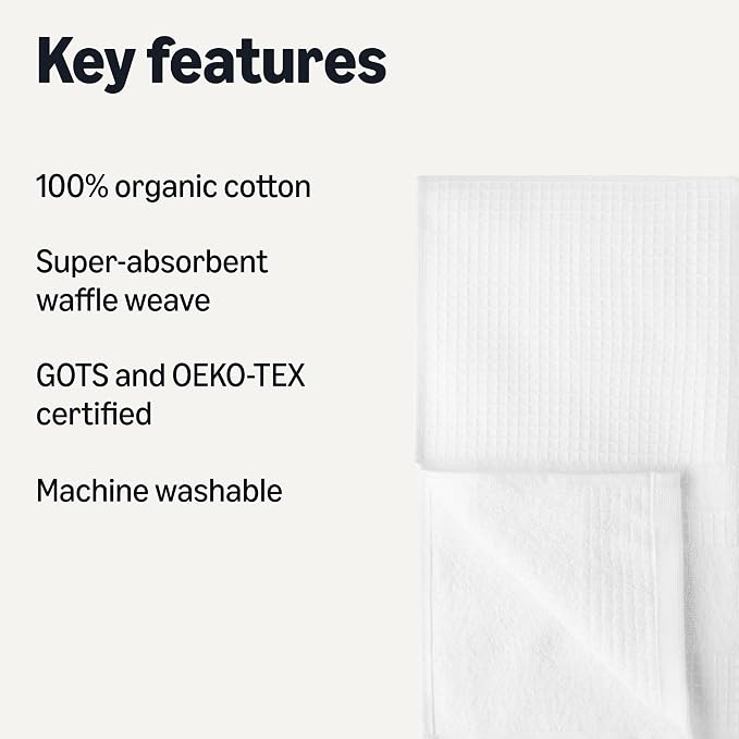Amazon Basics Organic Cotton Waffle Weave Kitchen Dish Towels, Ultra Absorbent, Quick Drying, Lint-Free, 15 x 25 inches, 6-Pack