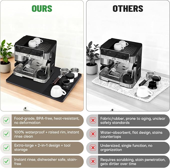 Silicone Coffee Mat Compatible with Ninja Luxe Espresso Coffee Machine ES601/ES701 & Most Home Espresso Machines - 23"x15" Anti-Slip Heat-Resistant - Maker Bar | Tamping Mat (2-in-1)