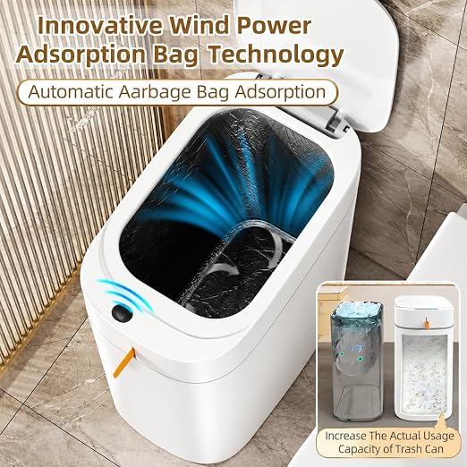 MUEE 3.5 Gal Automatic Bagging Bathroom Trash Can, Motion Sensor, White | Slim rechargeable design for bedrooms, offices and compact spaces; Type-C charging, liner suction and one-touch bag gathering