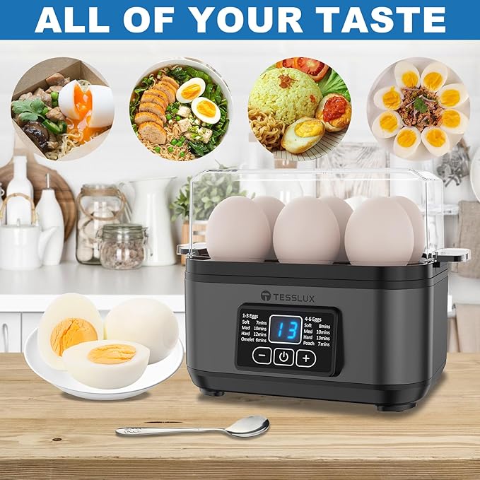 Tesslux Electric Egg Cooker, 6-Egg Boiler for Hard, Soft, Poached, Black | LED Countdown Timer, Touch Control, Poaching Bowl, Omelet Maker, Stainless Steel, Auto Shut-Off, Buzzer Alert, Compact