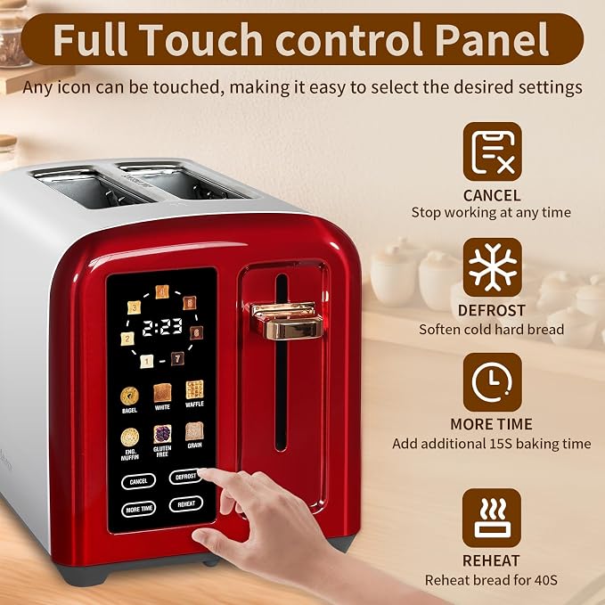 SEEDEEM 2 Slice Stainless Steel Toaster, Touch LCD, 7 Shade, 1350W | 6 Bread Type, 7 Shade Setting, 1.5''Wide Slots, Removable Crumb Tray