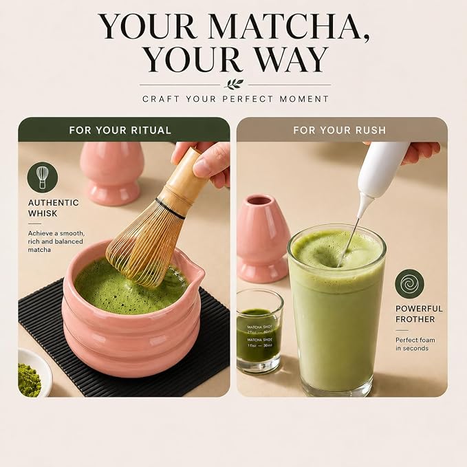 BARISTA EMPEROR® MATCHA WHISK SET PREMIUM 11pcs - Professional Matcha Kit Set with Matcha Bowl, Matcha Whisk, Milk Frother, Spoon, Sifter, Scoop, Stand, Cup, Mat - Aesthetic Pink Matcha Set Kit