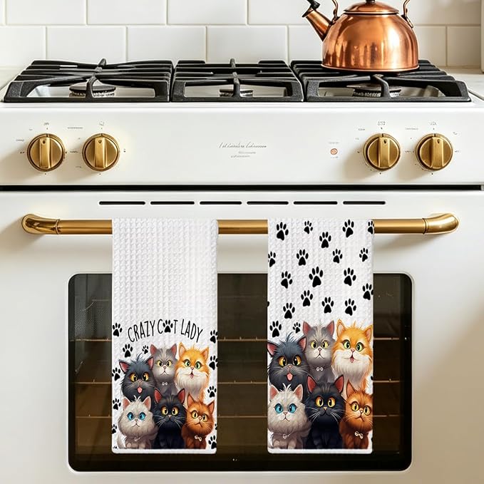 Jztco 2 Pcs Funny Cat Kitchen Towels, Cute Cat Gifts Reusable Hand Towels | Cat Dish Cloths for Drying Dishes, Cats Waffle Dish Towels for Kitchen Bathroom Decor, Cat Lover Gifts for Women Grandma Mom