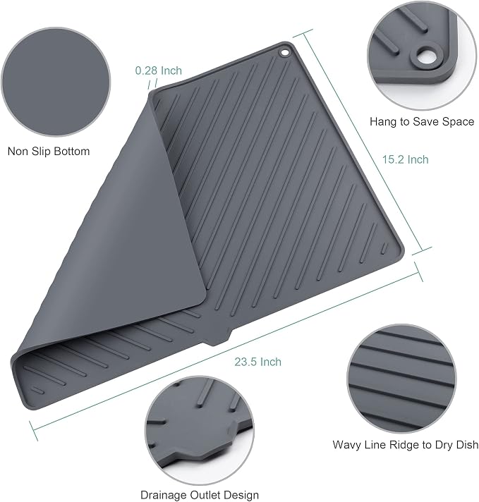Dish Drying Mat, Silicone Dish Drying Mat for Kitchen Counter, Extra Thick & Large Dish Drainboard Mat with Built-in Drain, Non-silp, Heat Resistant, Dishwasher Safe (Black, 24" x 15")