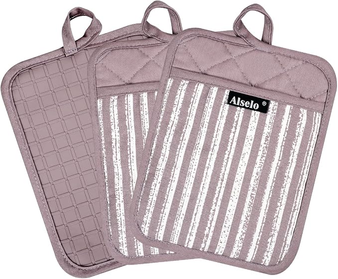 Alselo Silicone Pot Holders Set of 3 Heat Resistant & Non Slip Potholders | Professional Oven Hot Pads with Pockets Mitts for Kitchen Cooking Baking Barbecue (Purple, 3)