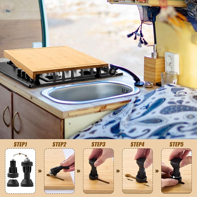 Sintuff Rv Stove Top Cover Board, Multiple Wood Noodle Board Gas Burner Camper Stove Top Cover with 4 Pcs Adjustable Legs and Juice Grooves for Trailer Electric Gas Burner Kitchen (20" x 17")