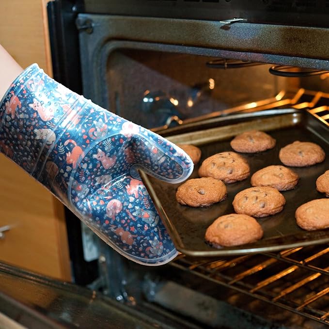 Oven Mitts with Transparent Clear Silicone Shell and Nice Cat Printing | Kitchen Mittenes Cotton Lining Set of 2, Heat Resistant to 500 F Oven Gloves Pot Holder for Cooking (Navy, Cat, mitts)