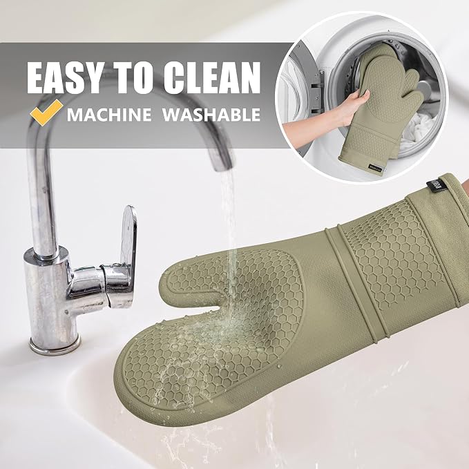 RORECAY Silicone Oven Mitts and Pot Holders Sets for Kitchen, Sage Green | Set of 6 Kitchen Mitts for Baking & Cooking, Heat Resistant 500 ℉, 12.7" Extra Long, Non-Slip & Waterproof, Quilted Cotton