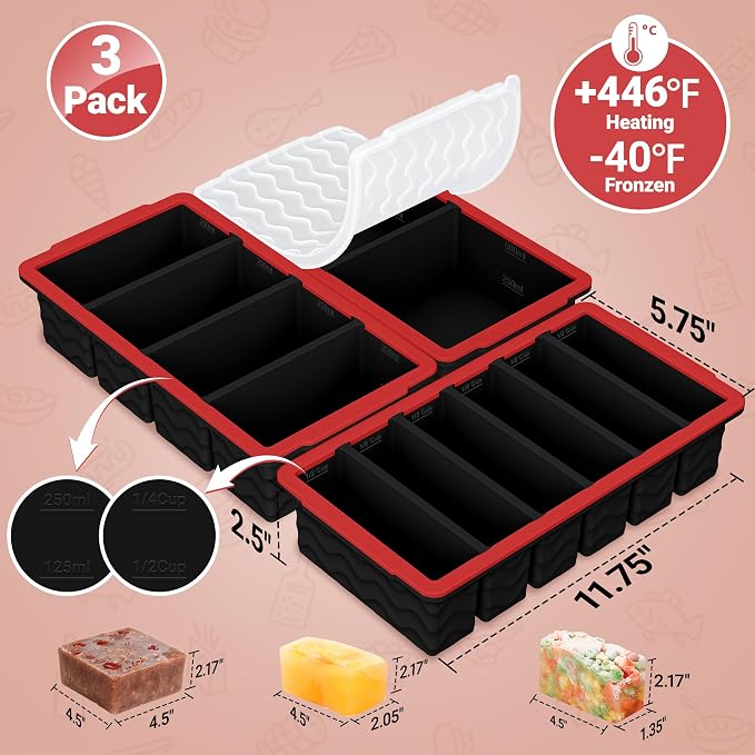3-Pack Silicone Freezer Trays with Lid, Soup Freezer Container Molds | 2 Large 2-Cup, 4 Medium 1-Cup, 6 Small 1/2-Cup, BPA Free, Ice Cube Tray for Soup, Stews, Sauces, Meal Prep, Broth, Leftovers