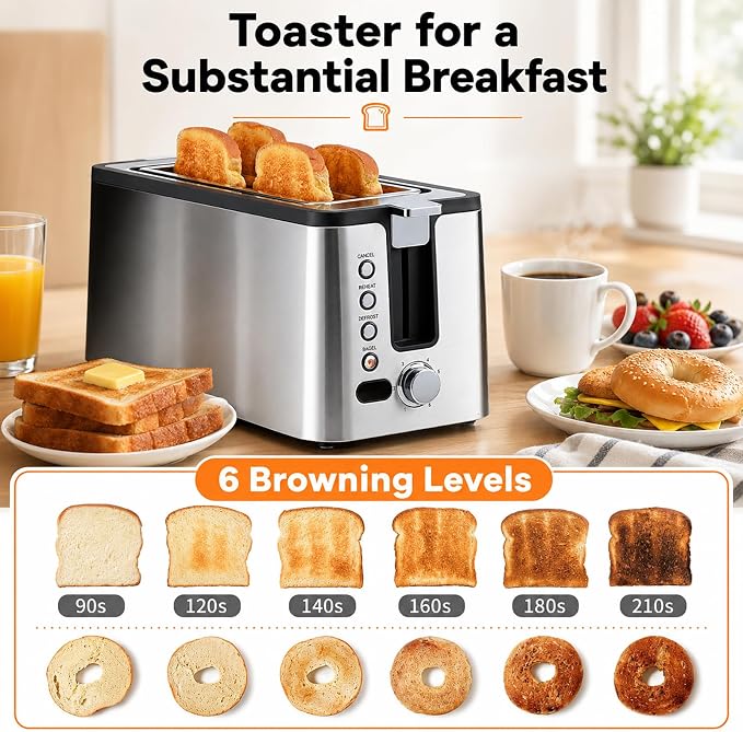 Mecity 4 Slice Toaster, Long Slot Toaster With Countdown Timer, Bagel/Defrost/Reheat/Cancel Functions,Warming Rack, Removable Tray, 6 Browning Settings, Extra Wide Slots, Stainless Steel, 1300W