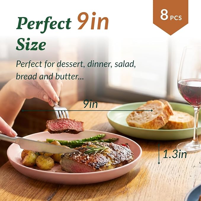 Deep Dinner Plates Set of 8 Unbreakable Wheat Straw Plates Plastic Reusable Plates for Kitchen, Picnic, RV, Dishwasher and Microwave Safe Plates for Salad, Dessert (Fresh Light, 9 inch)