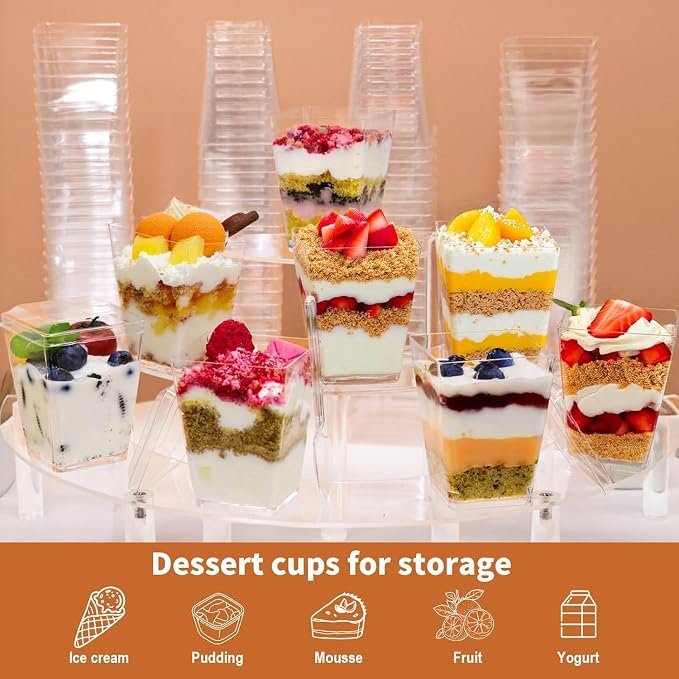 Dessert Cups with Lids and Spoons, 5 oz Clear Trapezoid, 75 Piece Set | For Parfaits, Mousse, Pudding, Fruit and Appetizers, For Weddings, Birthdays and Parties