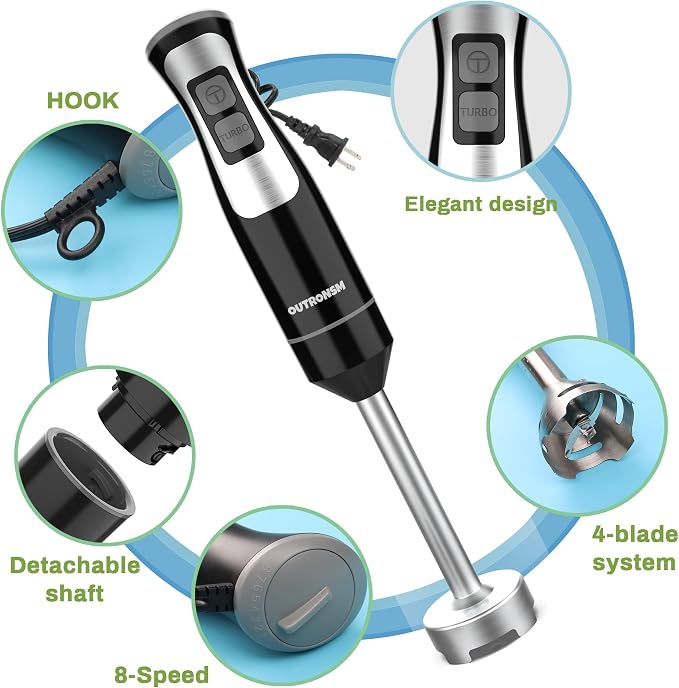 Immersion Blender Handheld, OUTRONSM Hand Blender with 4-point thickened SS blades, Milk Frother, Egg Whisk for Coffee Milk Foam, Puree Baby Food, Smoothies, Sauces and Soups – Black | 8-speed stick blender, Pure Copper Winding Motor, 5.2 feet power co...