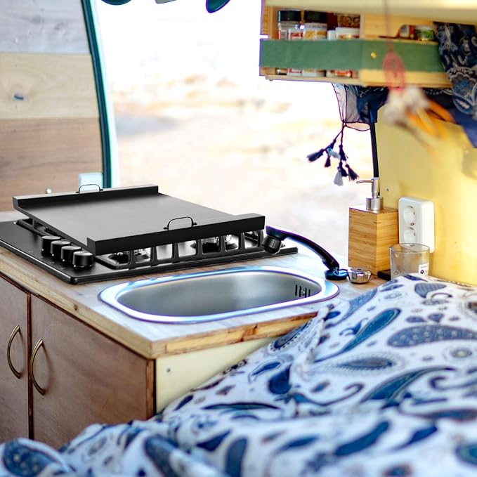 Rv Stove Top Cover Board Wood Noodle Board Camper Stove Top Cover Countertop Cutting with 5 Pcs Adjustable Non-slip Rubber Feet Leg Juice Groove for Trailer Gas Burner Kitchen(Black)