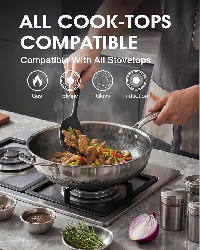 USELUCK Nonstick 12-Inch Wok with Glass Lid,Hybrid Tri-ply Stainless Steel WokCompatible with All Cooktops.