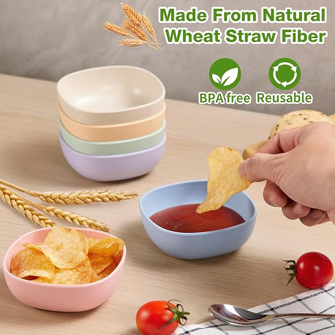 Hlukana 6 Pack Wheat Straw Soy Sauce Dishes, 4.5 OZ Small Dessert Bowls, Unbreakable Dipping Bowl, Pinch Bowls Set, Dipping Sauce Cups, Mini Prep Bowls, Dip Bowls for Side Dish, Ketchup, Soy, BBQ
