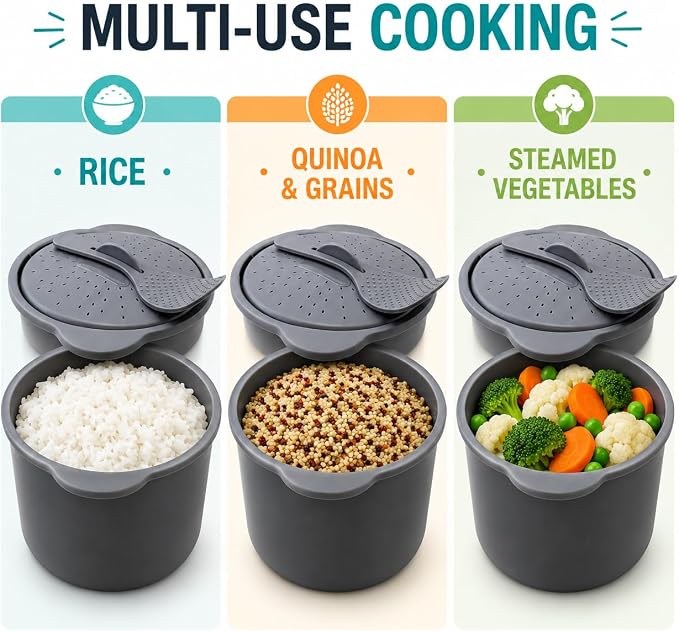 Microwave Rice Cooker and Grain Steamer 2.3L with Paddle and Measuring Cup | 2.3L microwave cooker for rice, grains and vegetables with locking vented lid, paddle and measuring cup