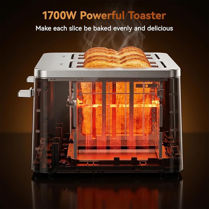 Mecity 4 Slice Touchscreen Toaster, 6 Bread Modes & 6 Browning Levels, Dual Touch Control Wide Slot Stainless Steel Electric Toaster with Memory, Defrost, 3-Min Auto Shutoff for White, Bagels, Waffles
