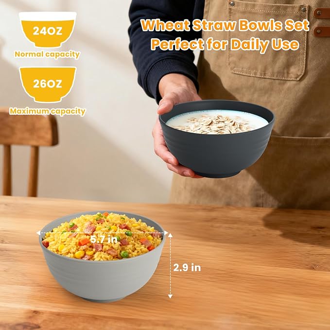 Premium Wheat Straw Bowls 8 PCS Unbreakable Bowl for Kitchen Cereal Bowls Lightweight Bowl Set, Reusable Microwave and Dishwasher Safe Bowl Set for Soup,Ramen,Salad(Grey Stone, 26 OZ)
