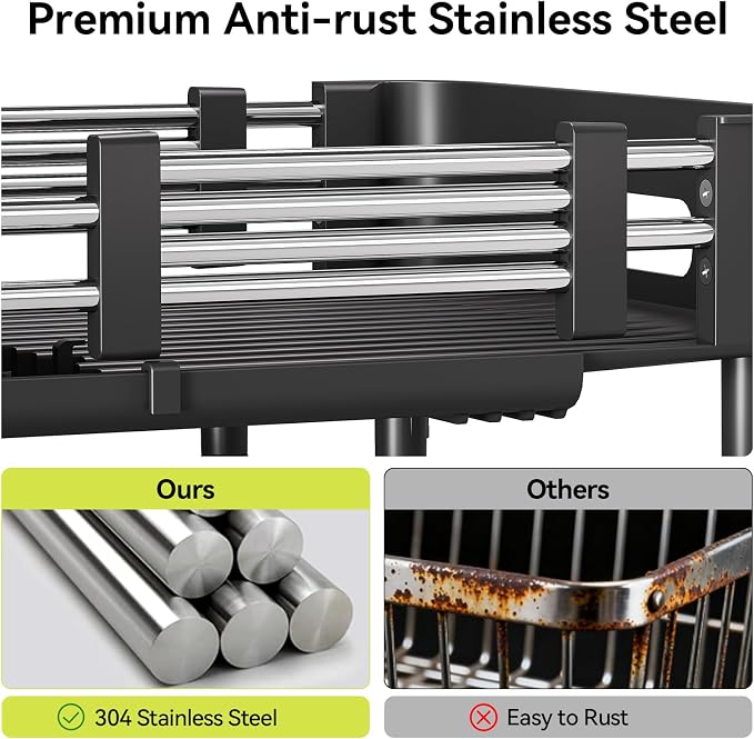 Urackify Extendable Stainless Dish Drying Rack for Kitchen Counter, Black | 13.78"W x 18.7"L, Foldable Drainboard for Space Saving, Knife and Utensil Holder, Fast-draining Spout