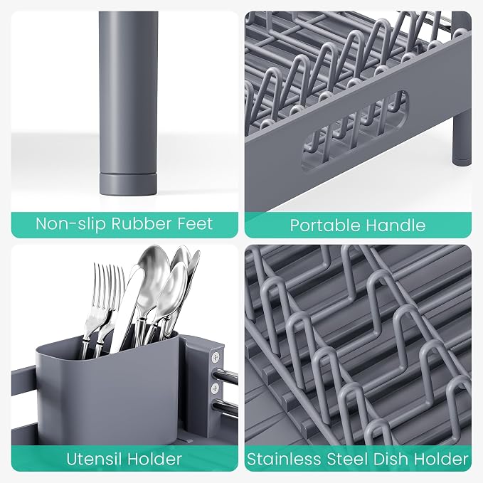 TOOLF Expandable Dish Drying Rack with Cutlery Holder, Standard, Grey | Over or In Sink Stainless Steel Dish Drainers for Compact Kitchen, Space Saving, Fast Drain, Rustproof, For 1-3 people