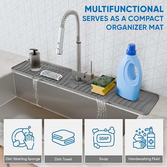 24 Inch Longer Faucet Mat for Kitchen Sink, Silicone Sink Faucet Mat Splash Guard 5° Slope Premium Kitchen Sink Splash Faucet Guard, Fast Self-Draining Mat (gray)