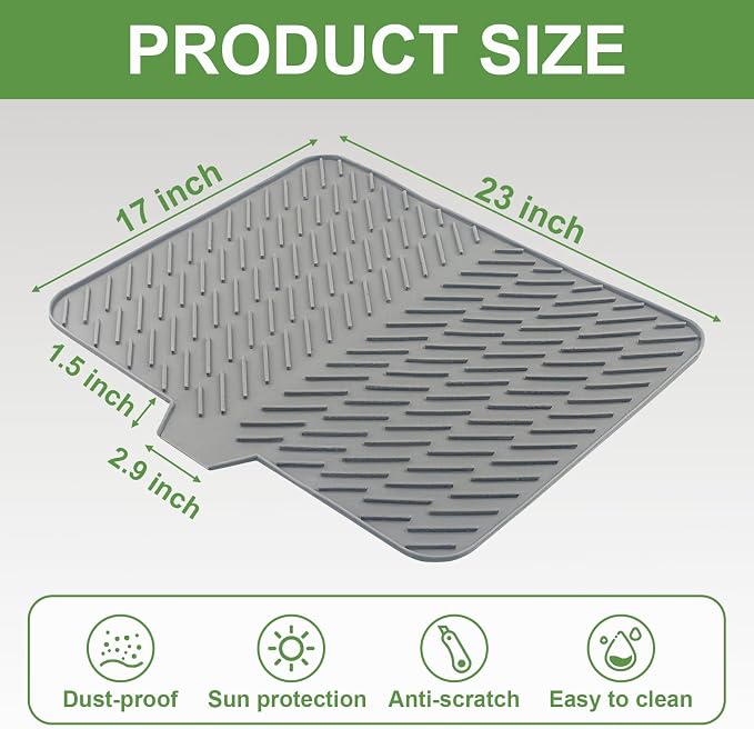 Silicone Dish Drying Mat for Kitchen Counter, Gray-1pcs, 23" x 17" | Heat Resistant & Non-Slip Dish Drain Pad with Built-In Drain, Dishwasher Safe, Quick-Dry, Hangable & Roll-Up for Storage