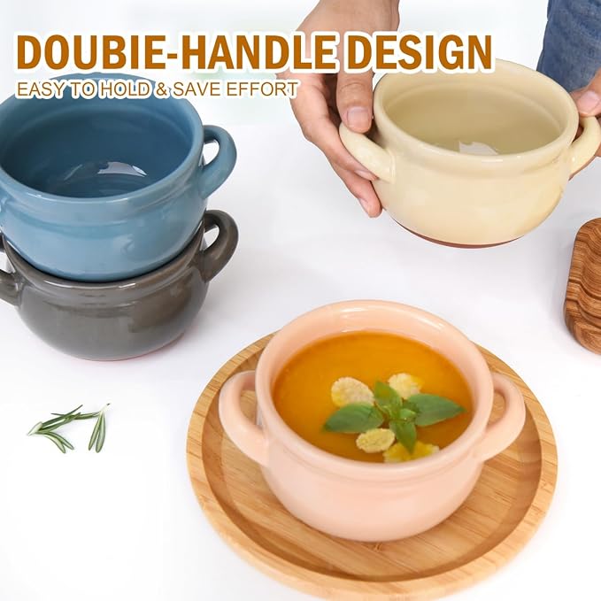 Vumdua French Onion Soup Bowls, 16 oz French Onion Soup Crocks with Handles for Chilli, Cereal, Cereal, Pot Pies, Oven, Broil & Dishwasher Safe, Multicolor, Set of 4