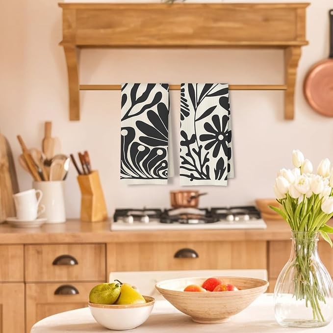 Abstract Boho Neutral Floral Kitchen Towels Set of 2, 70s Retro Groovy Beige Black and White Botanical Dish Tea Towels for Kitchen Bathroom Decor, Mid Century Modern Hand Towels, 16x24in