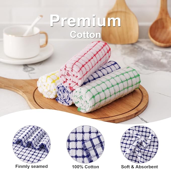 Kitinjoy Cotton 12 Pack Terry Kitchen Dish Cloths, Mixed Color | 12 x 12 Inches Super Soft and Absorbent Dish Rags, Quick Drying Dish towels for Washing Dishes