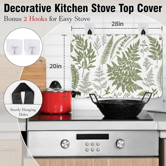 Boho Glass Stove Top Cover for Electric Stoves,Botanical Fern Plant Floral Farmhouse Stove Top Cover for Kitchen Decor,Heat Resistant Cooktop Protector Mat,Non-Slip Washable Dish Drying Mat 28"x20"