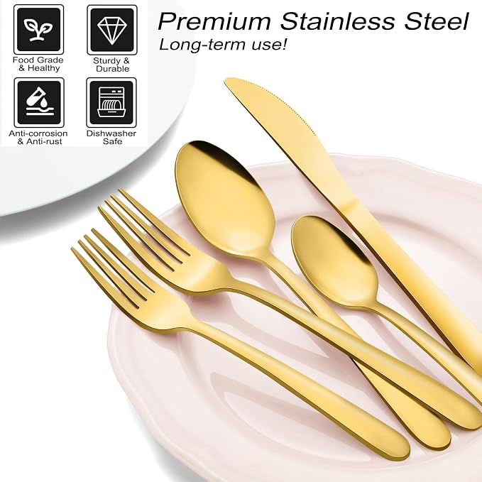 Pleafind 72Pcs Gold Silverware Set for 12 - Dishwasher Safe, Flatware Set with Steak Knives, Stainless Steel Cutlery Set, Include Forks Spoons and Knives Set, Utensil Sets for Home Restaurant
